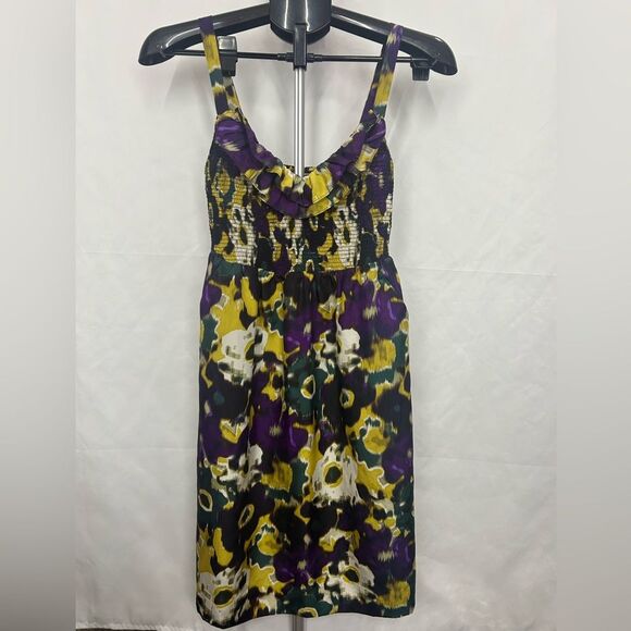 Anthropologie Maeve Giverny Silk Purple Yellow Green Floral Dress - Picture 1 of 7